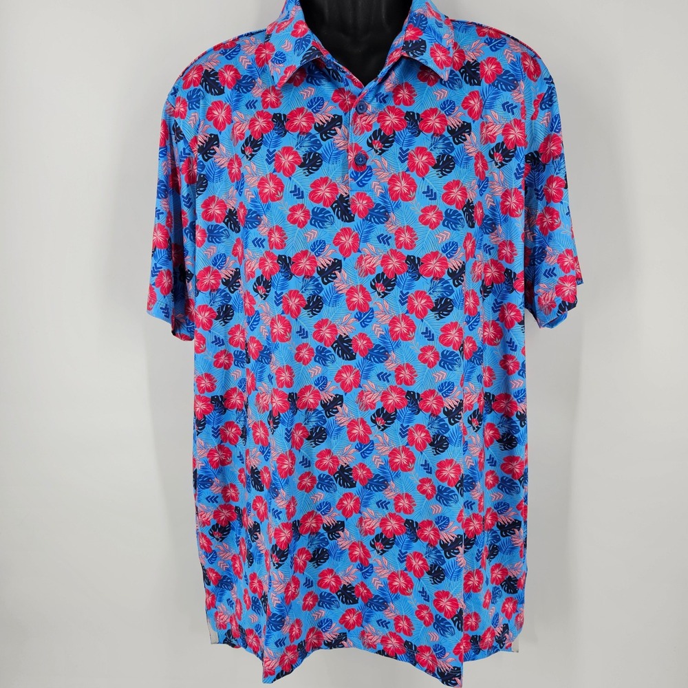 21 Pineapples Mens 2XL Blue Floral Hibiscus Short Sleeve Button Up Shirt‎